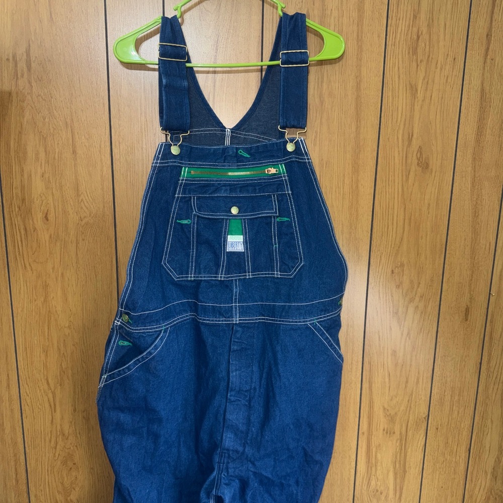Liberty Mens Denim Bib Overalls‎ Dark Wash Green Trim 42x32 MOV18006DB Workwear